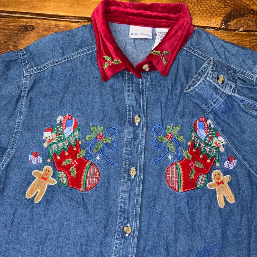 Bobbie Brooks Denim Button Up Shirt Womens Medium Blue Christmas Embroidery